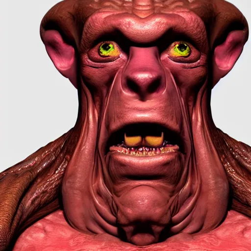 Image similar to an grotesque creature with weird features, looking inquisitively at the camera, 3d render, studio lighting