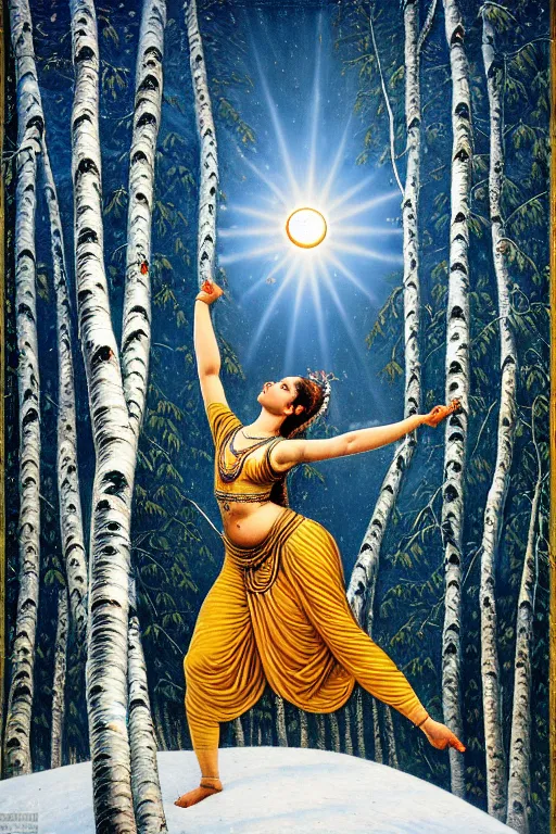 Image similar to ivan shishkin style nataraja dancing in a winter birch grove and raising snow clouds during a solar eclipse, visionary art style