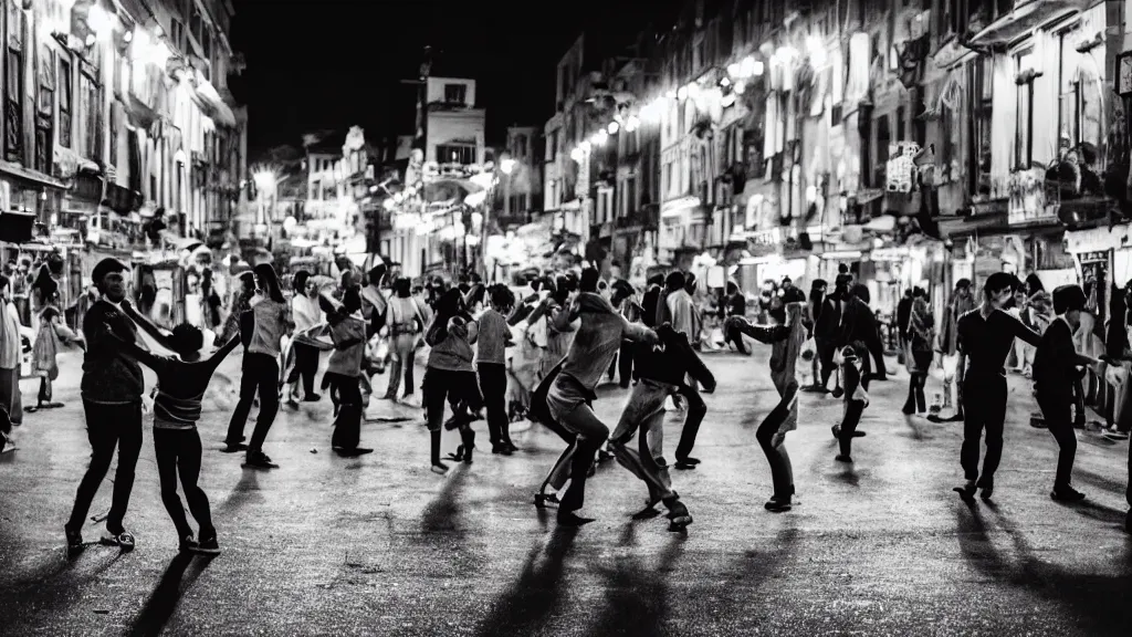 Prompt: people dancing in the street, at night, cinematic, backlight