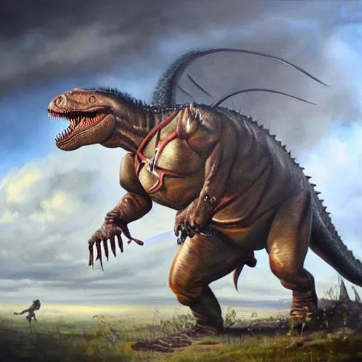 Image similar to a hyper realistic painting of a t - rex holding a musket and wearing a bicorn hat, super detailed, realistic, thick brush strokes, visible paint layers.