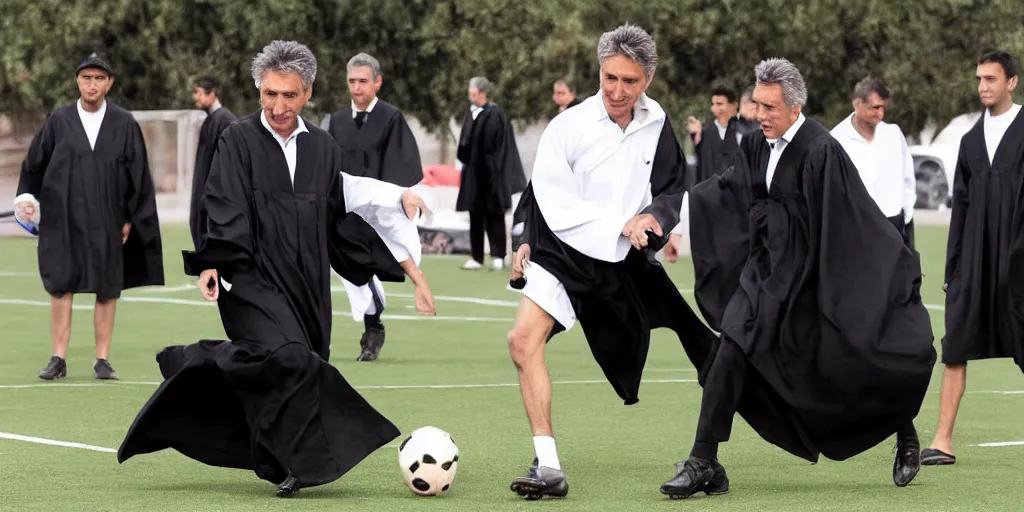 Image similar to Mauricio Macri and judges in black robes playing football