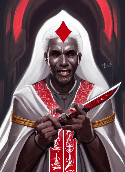 Prompt: a highly detailed illustration of sadistic white haired tanned african priest wearing white robe with red cross design, wielding divine bloody sword, evil smile, gothic church background, intricate, elegant, highly detailed, centered, digital painting, artstation, concept art, smooth, sharp focus, league of legends concept art, wlop