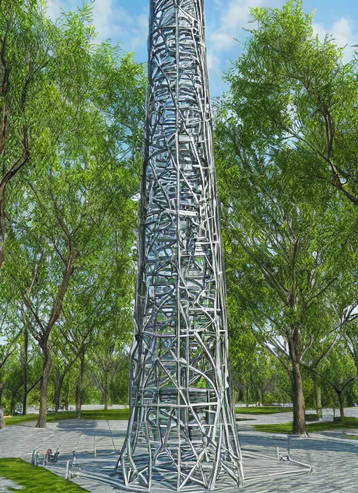 Image similar to highly detailed realistic architecture 3 d render of a stele shukhov tower standing in a city park, archdaily, made in unreal engine 4 octane render