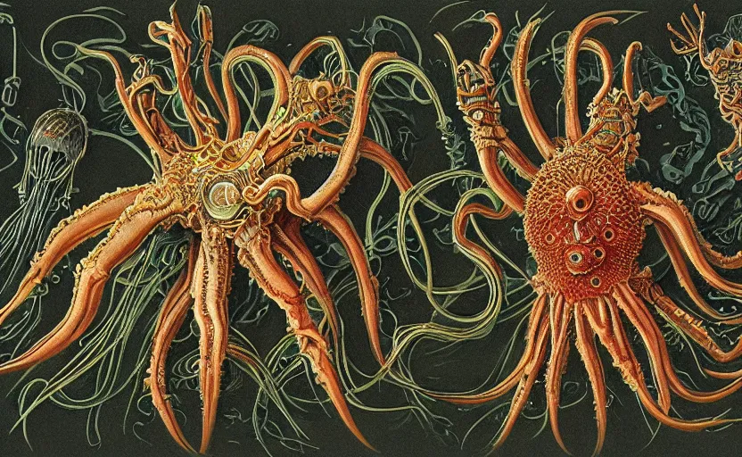 Prompt: sci - fi biomechanical, colored monster character design, fantasy. intricate jellyfish crab eagle lizard biomechanical. by ernst haeckel