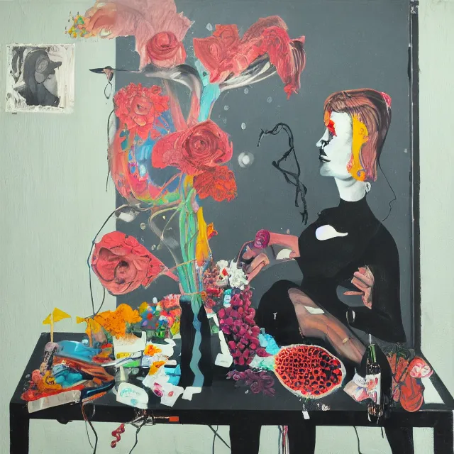 Image similar to empty room with black walls, sensual portrait of a female pathologist, broken vase of flowers and water, octopus, squashed berries, neo - expressionism, surrealism, acrylic and spray paint and oilstick on canvas