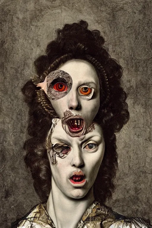 Image similar to Detailed maximalist portrait with large lips and with large eyes, angry, exasperated expression, HD mixed media, 3D collage, highly detailed and intricate illustration in the style of Caravaggio, dark art, baroque