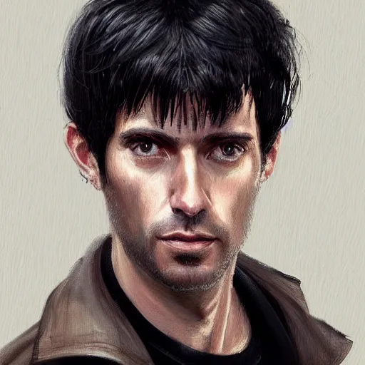 Image similar to Portrait of a man by Greg Rutkowski, he is about 30 years old, short black hair with bangs, his features are a mix between French, Turkish and Russian and he is wearing a beige and black utility jumpsuit, highly detailed portrait, digital painting, artstation, concept art, smooth, sharp foccus ilustration, Artstation HQ.