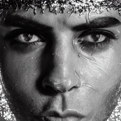 Image similar to a close up portrait of a beautiful athletic young persian male with his face covered in silver leaf , photographed by erwin olaf, artistic