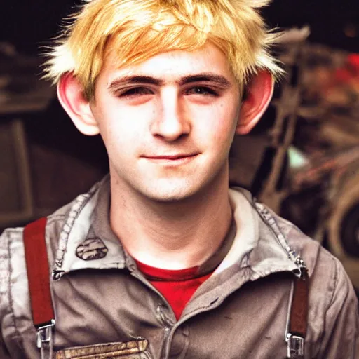 Prompt: close up headshot of a swiss young adult as a skinny high-fantasy elf with a long face narrow chin and spiky blonde hair wearing dark brown overalls and holding a bomb next to a destroyed car, high resolution film still, HDR color