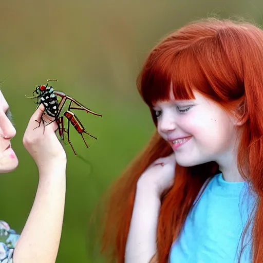 Prompt: A cute redhead girl is happily showing off a creepy bug she caught