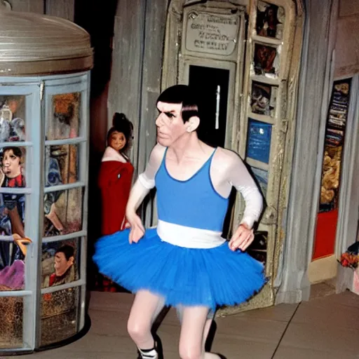 Image similar to spock in a tutu exiting the tardis