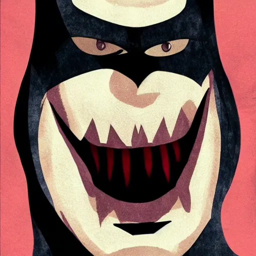 Image similar to batman, smiling, unnatural grin, horror, creepy, smoke, black, dark, glow