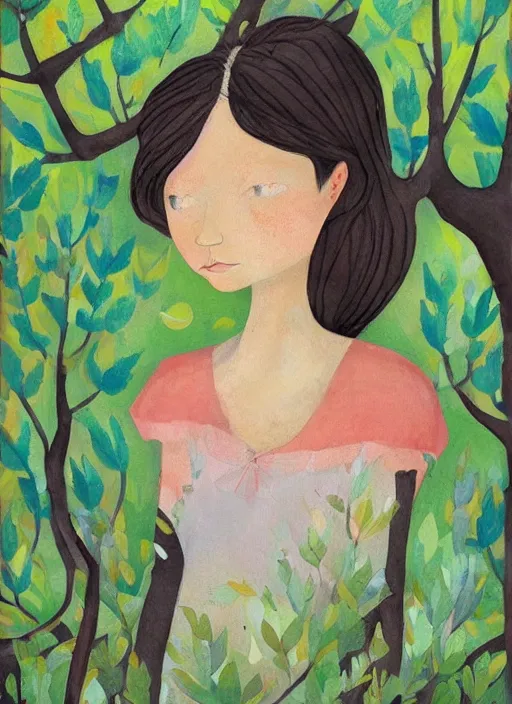 Image similar to a wonderful childrens illustration book portrait painting of a woman, art by tracie grimwood, trees, many leaves, birds, whimsical, aesthetically pleasing and harmonious natural colors