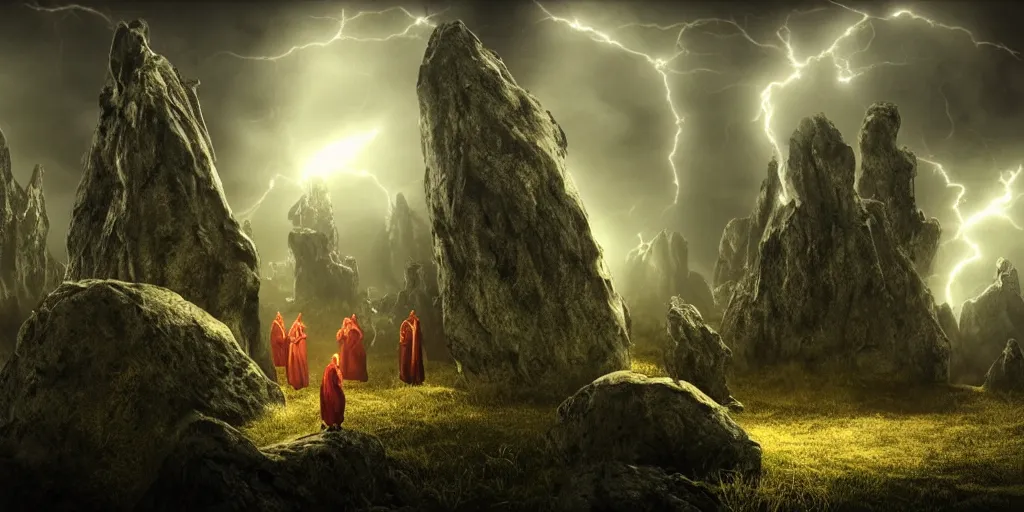 Prompt: Photorealistic strange dark monks perform a magical occult ritual, in an epic landscape with magical illuminated symbols floating above them. Magically floating rocks, with ominous storm clouds, strange levitating stones, stones falling from the sky, a gentle rising mist. occult photorealism, UHD, amazing depth, glowing, golden ratio, 3D octane cycle unreal engine 5, volumetric lighting, cinematic lighting, cgstation artstation concept art