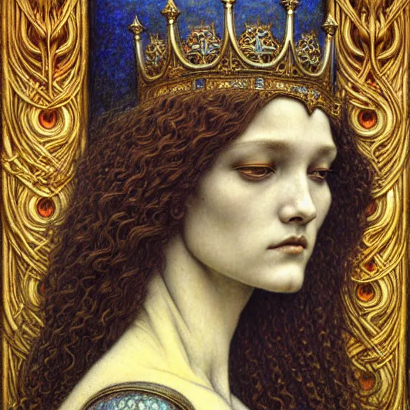 Image similar to detailed realistic beautiful young medieval queen face portrait by jean delville, gustave dore and marco mazzoni, art nouveau, symbolist, visionary, gothic, pre - raphaelite. horizontal symmetry