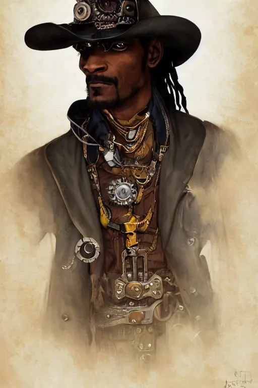 Image similar to cowboy snoop dog as a steampunk cyborg gunslinger, portrait, cyber western, duster, fantasy, intricate, elegant, highly detailed, digital painting, artstation, concept art, sharp focus, illustration, art by artgerm and greg rutkowski and alphonse mucha