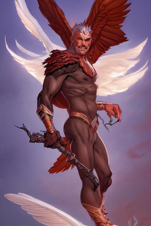 Image similar to character art by wlop, steve henderson, and j scott campbell, gooseman, male hero, goose - head, wings, 4 k