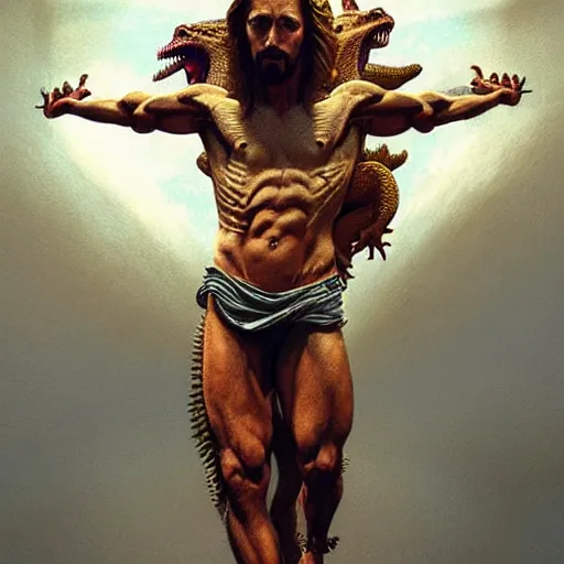 Image similar to dynamic action pose, portrait of jesus christ as a scaly cold blooded reptilian lizard crucified, intricate, lizard head, lizard head, humorous, holy cross, religious, absurd, highly detailed, digital painting, artstation, concept art, smooth, sharp focus, illustration, art by artgerm and greg rutkowski and alphonse mucha