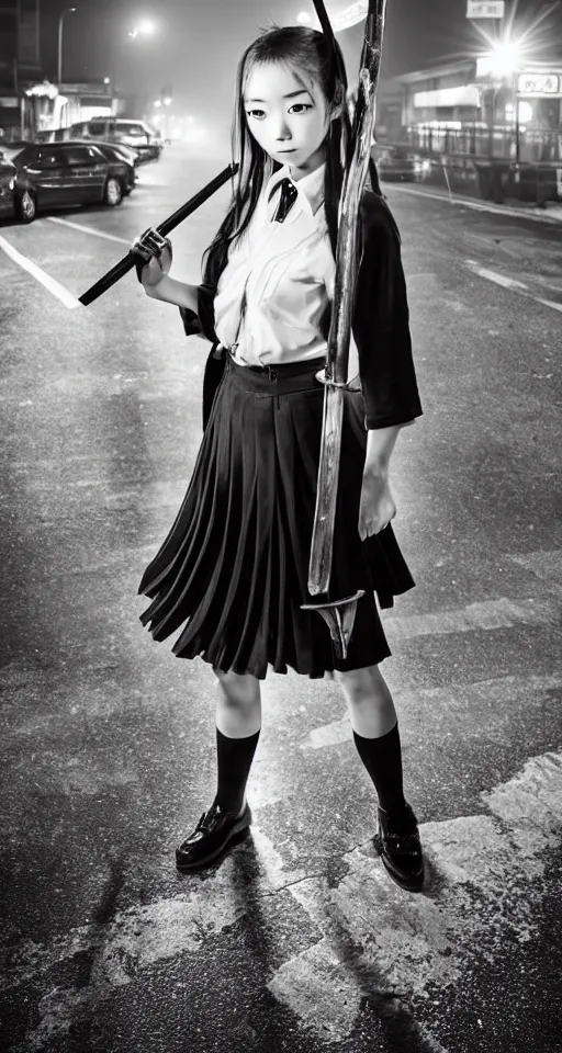 Prompt: sukebon delinquent girl holding a samurai sword threateningly, stubborn facial expression, full body shot, schoolgirl uniform with a very long skirt, professional photography, foggy night on a neon japanese city street