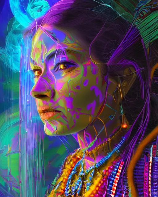 Image similar to a powerful energy psychedelic matrix indian woman, by alexander fedosav, hyper detailed digital matte painting, concept art, hyperrealism, 1 6 k resolution, cinema 4 d, 8 k resolution, trending on artstation, behance hd, a masterpiece, by stephan martiniere, particles, cel - shaded, power bright neon energy, by david a. hardy,