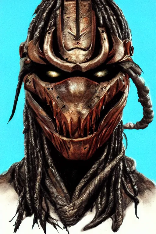 Image similar to predator 1 9 8 7 masked face redesign, portrait, highly detailed, black smooth dreadlocks, mandables, digital painting, trending on artstation, concept art, illustration