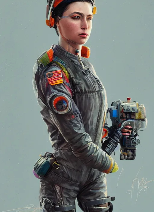 Image similar to detailed full body concept art illustration colorful oil painting of a female pilot in full intricate clothing, ultra detailed, digital art, octane render, 4K, dystopian, micro details, hyper realistic