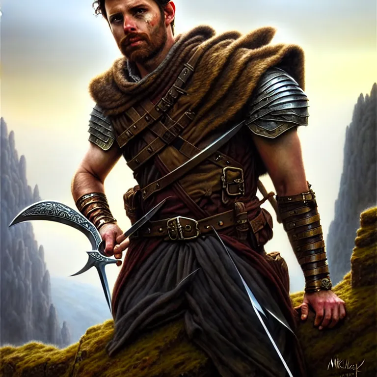 Prompt: middle d & d ranger with rugged expressions falcon pet on his shoulder holding a high detailed long sword, top a cliff observing old ruins of a castle, elegant clothing, photorealistic render, matte painting, highly detailed, artstation, smooth, sharp focus, art by michael whelan, artgerm, greg rutkowski, scrathed image