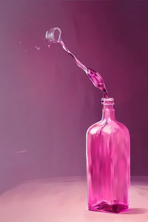 Prompt: Concentrated Potion Bottle of Pink Liquid on a Table, Pink Vapor is leaking from the top, digital art, illustration by WLOP, fantasy, magic