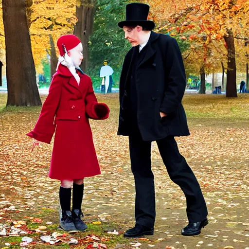 Image similar to A thin man in a black coat and bowler hat talks with small young girl dressed in a red coat and a red hat, park, autumn, Berlin, in style of valentine serov, wide angle, high detail, width 768