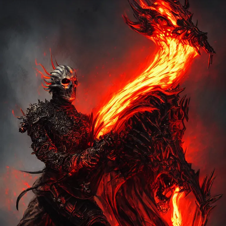 Image similar to Ghost Rider, flaming grim reaper, demons of hell, the pits of hell, headshot photo, character concept, dark souls concept art, Feng Zhu concept art, dramatic lighting, highly stylized, trending on artstation, high-quality wallpaper, desktopography