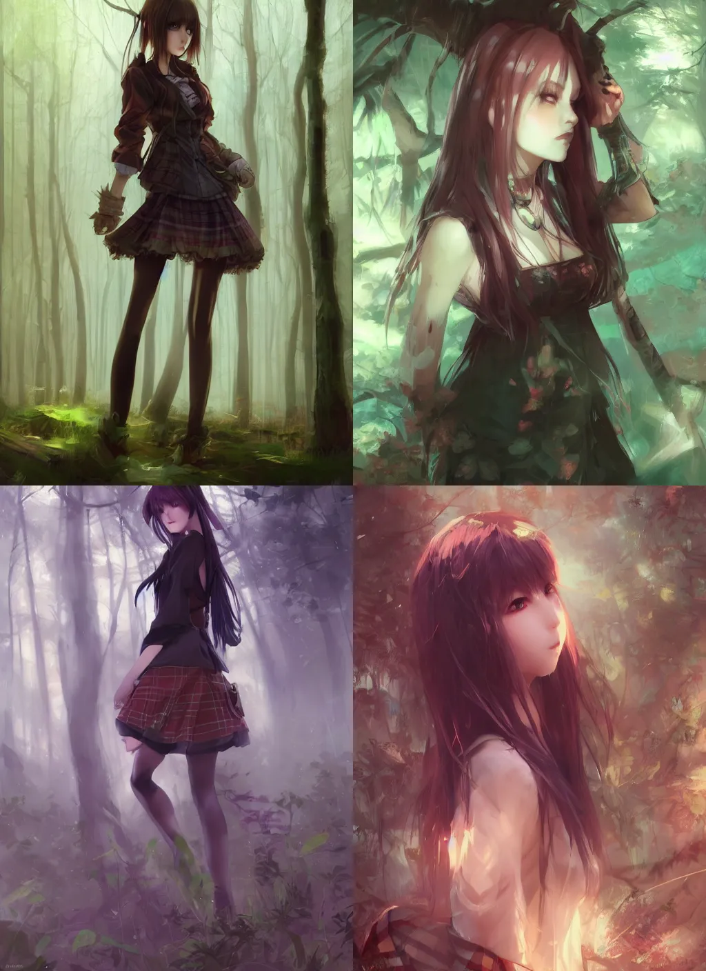 Prompt: beautiful woman in plaid miniskirt standing in a dark forest, anime style, rpg character art, by yoshitaka amano, by wenjun lin, by jeremy lipking, digital drawing, gorgeous face, octane render