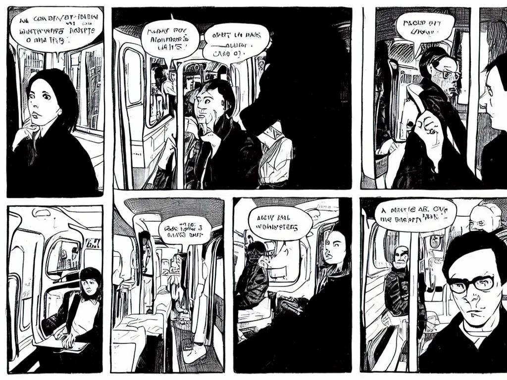 Image similar to a single comic panel by Daniel Clowes, 3/4 low angle view wide shot of two people sitting in an empty Chicago subway train, in front of windows: a sad Aubrey Plaza in a parka and a friendly Mads Mikkelsen in a suit