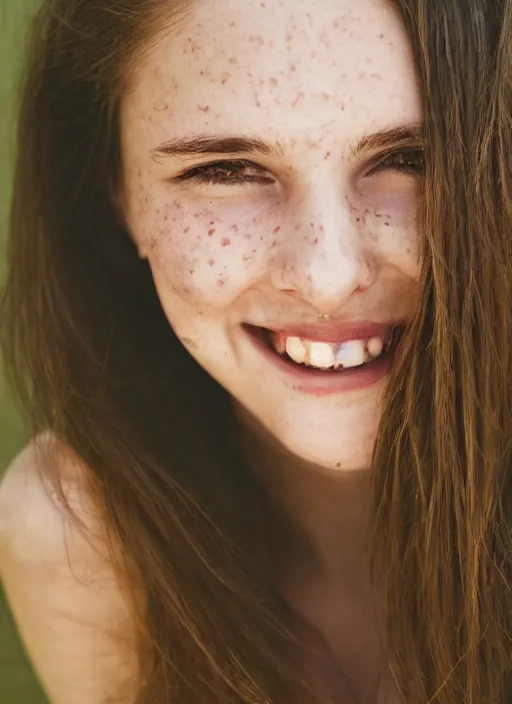 Image similar to portrait of a cute beautiful 2 0 year old woman with long brown hair, light green eyes, slight freckles, thin lips and cute smile