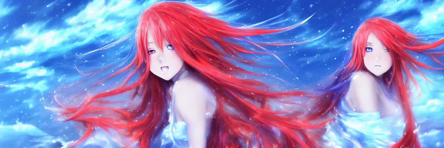 Image similar to advanced digital anime art, a very cute gorgeous teenage girl with a body made of fire and ice , full body, very long snow colored hair, sky blue highlights in hair, red fiery watery eyes, wearing a dress made of water, full round face, dramatic cinematic lighting, wideshot, highly intricately detailed, trending on pixiv, Artstation, painted by Rossdraws and the style of Sakimimichan