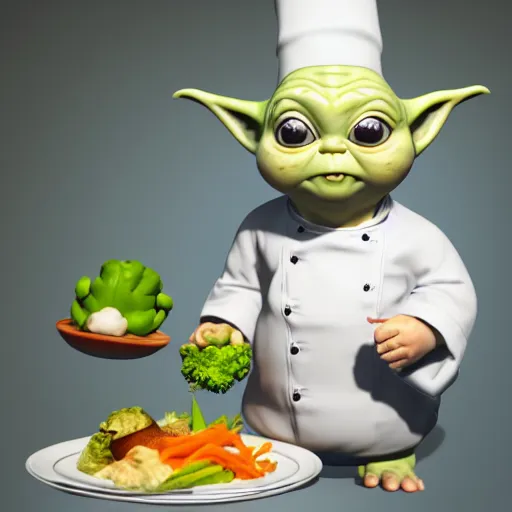 Image similar to curious mouth agape innocent tiny overweight chubby baby yoda as chef wearing white chefs hat and white apron, offering a plate of food, vegetables, photography, hyperrealism, unreal engine, octane 3 d render, houdini, unity 3 d, highres, adobe premier pro, trending on artstation, trending on deviantart