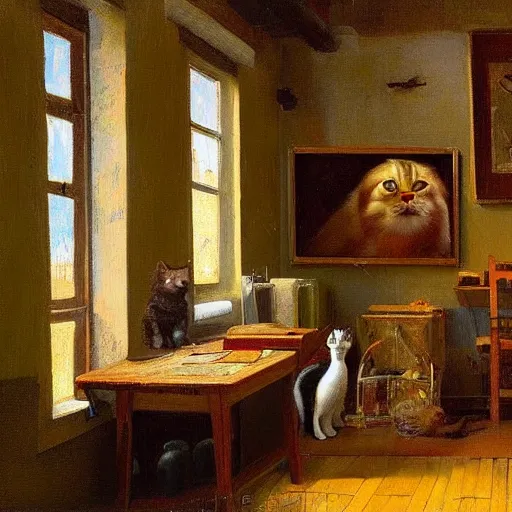 Prompt: a cozy little office nook with a cat in it, dmitry spiros, leonardo da vinci, jacques - louis david, johannes vermeer, 8 k, wide angle,