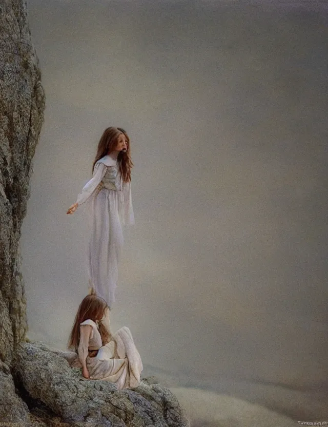 Image similar to peasant barefoot girl with blowing hair standing on the edge of rock, cottage core, cinematic focus, polaroid photo bleached vintage pastel colors high - key lighting, soft lights, foggy, by steve hanks, by lisa yuskavage, by serov valentin, by tarkovsky, 8 k render, detailed, oil on canvas