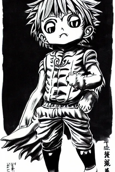 Image similar to salvage little boy in lion suit, black and white artwork made by kentaro miura and yoshihiro togashi