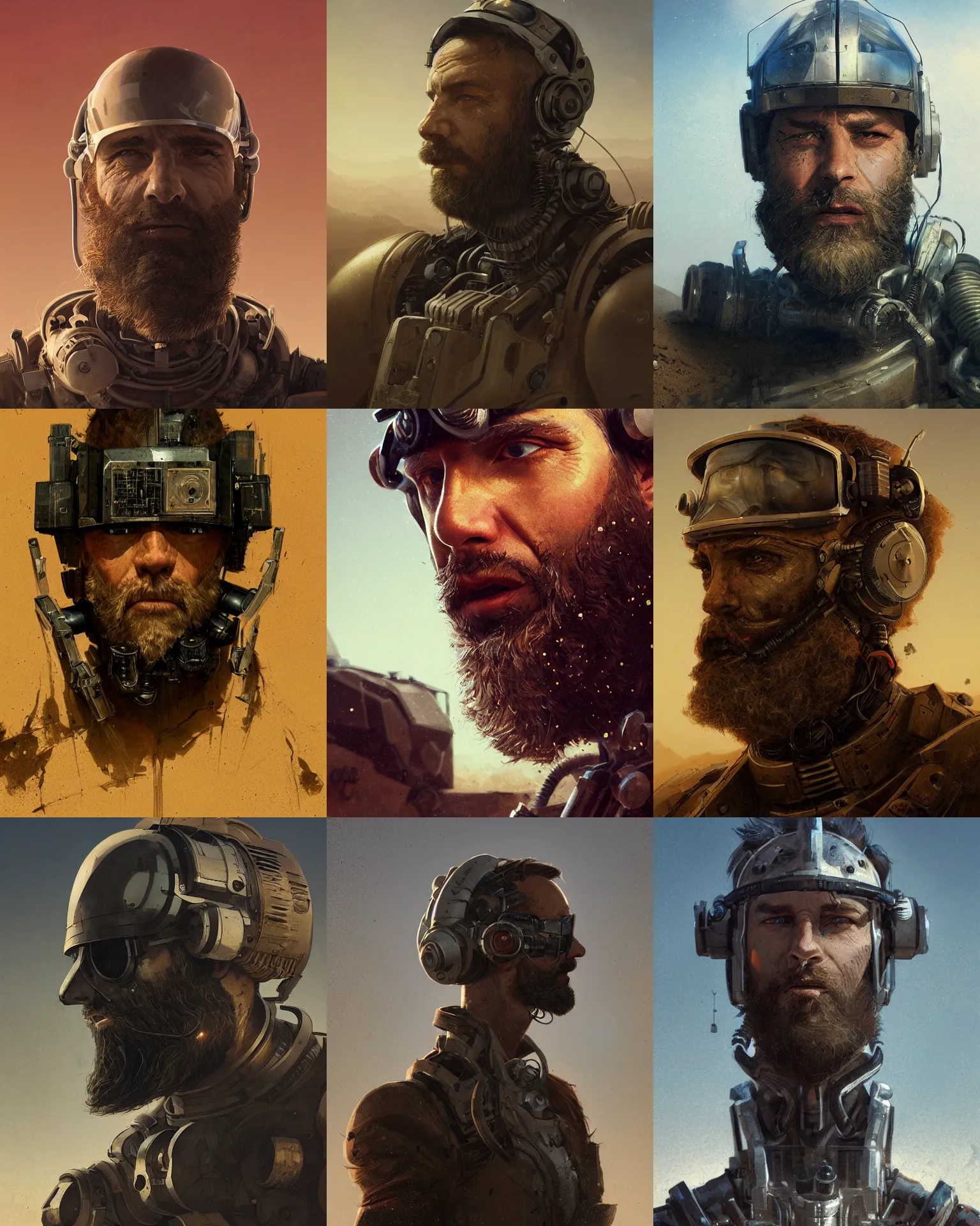 Prompt: a bearded rugged engineer man with cybernetic enhancements lost in the desert, scifi character portrait by greg rutkowski, esuthio, craig mullins, 1 / 4 headshot, cinematic lighting, dystopian scifi gear, gloomy, profile picture, mechanical, half robot, implants, steampunk