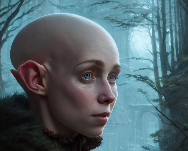 Image similar to highly detailed portrait of sophia lillis as a bald elf, in skyrim, stephen bliss, unreal engine, fantasy art by greg rutkowski, loish, rhads, ferdinand knab, makoto shinkai and lois van baarle, ilya kuvshinov, rossdraws, tom bagshaw, global illumination, radiant light, detailed and intricate environment