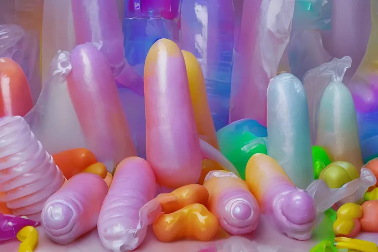 Prompt: beautiful transparent and translucent pastel hotdogs, ice cream cones, levitating colorful plastic vending machine toys, clouds of vivid horse-hair wigs, plasticized flames, Rembrandt, baroque, chiaroscuro, 8K photorealistic, Studio lighting, Low key lights