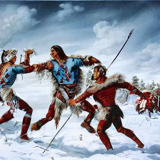 Prompt: majestic native americans fighting cyborg white men in a snowy field, landscape, hyper realistic,