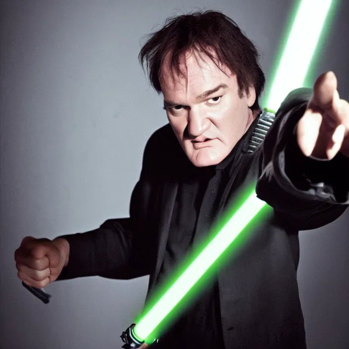 Prompt: quentin tarantino raising a lightsaber, giving thumbs up. without characters. black background. cinematic trailer format.