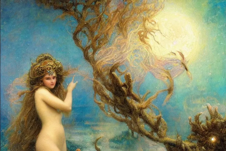 Image similar to portrait of the personification of the moon, goddess of the tides. art by gaston bussiere.