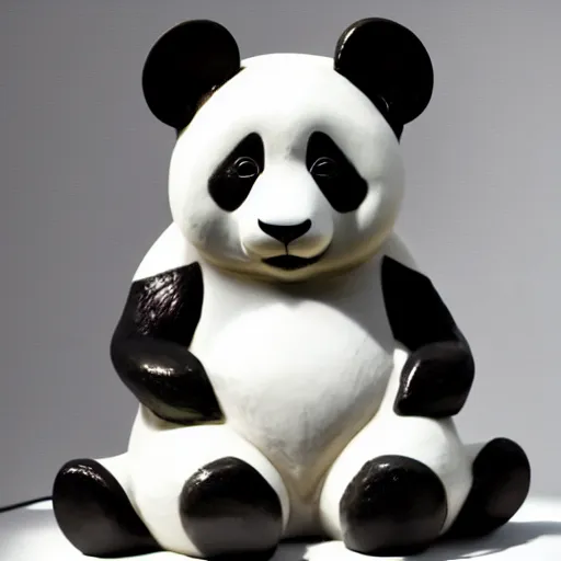 Prompt: photography of a cute but classy panda sculpture, in a cyberpunk art gallery, cinematic lighting, volumetric lighting, by richard orlinski