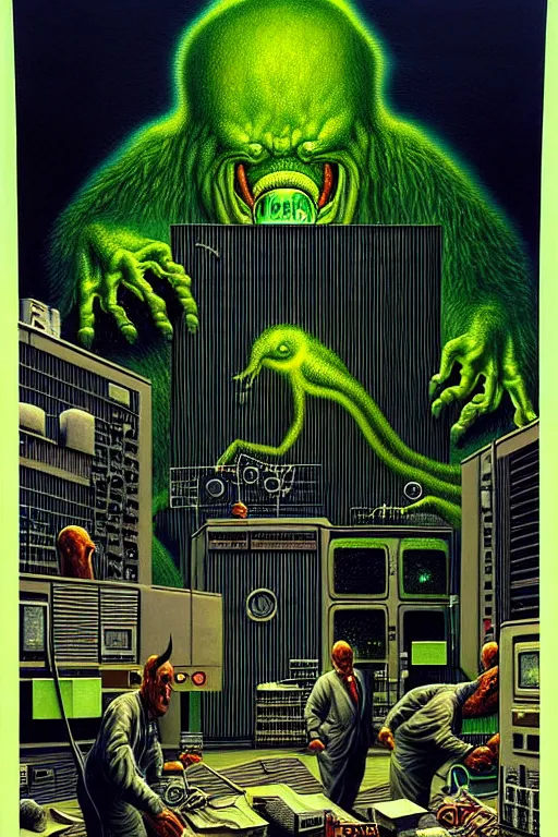 Image similar to a hyperrealistic detailed painting of a emergency chaos at the nuclear power plant, radioactive radiation monster eating the laboratory by chris cunningham and richard corben, highly detailed, vivid color,