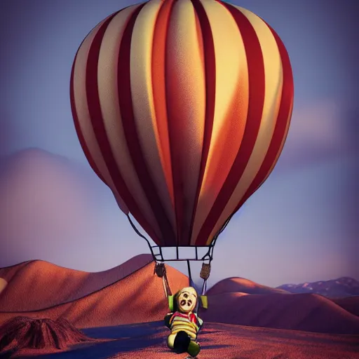 Image similar to a hot air balloon that looks like a screaming chucky doll octane render