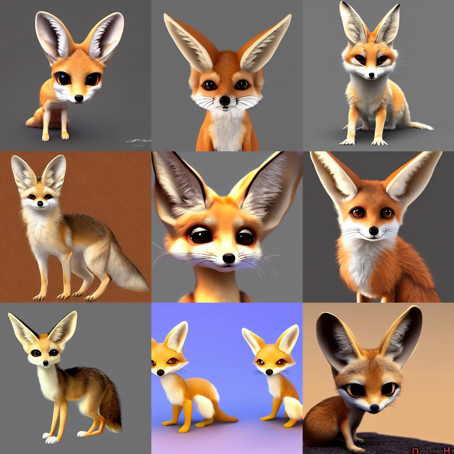 Prompt: high quality character portrait of a tiny quadruped fennec fox character, disney style, highly detailed render, fur