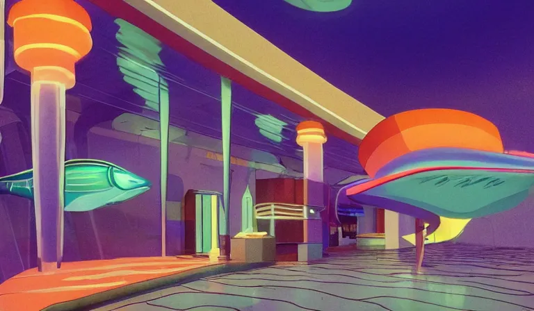 Prompt: a beautiful, sharp focus, clean lines. the interior of an art deco undersea restaurant. vaporwave ombre rendering. outrun style. fish. neon backlit jellyfish. trending on artstation. recommended for you behance. by chris moore. by edward hopper. ambient occlusion. digital matte painting. metropolis filmic. gotham city.