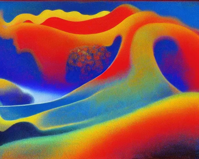 Image similar to An insane, modernist landscape painting. Wild energy patterns rippling in all directions. Curves, organic, zig-zags. Mountains, clouds. Rushing water. Waves. Psychedelic dream world. Odilon Redon. Agnes Pelton. Peter Max.